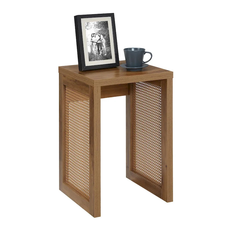 Boho Woven Rattan Square End Table for Living Room Decor