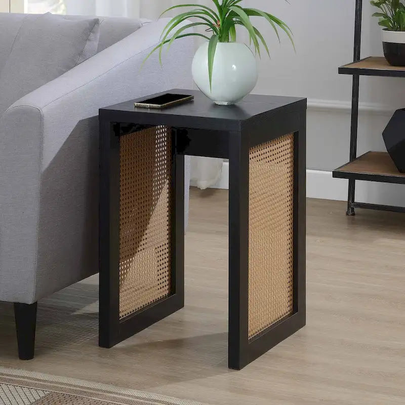 Boho Woven Rattan Square End Table for Living Room Decor