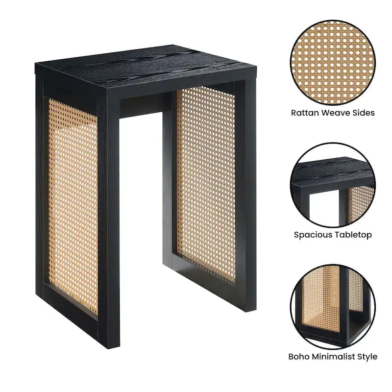 Boho Woven Rattan Square End Table for Living Room Decor