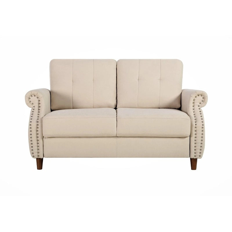 Transitional Button-Tufted Rolled Arm Two-Seat Sofa with Nail Head Trim