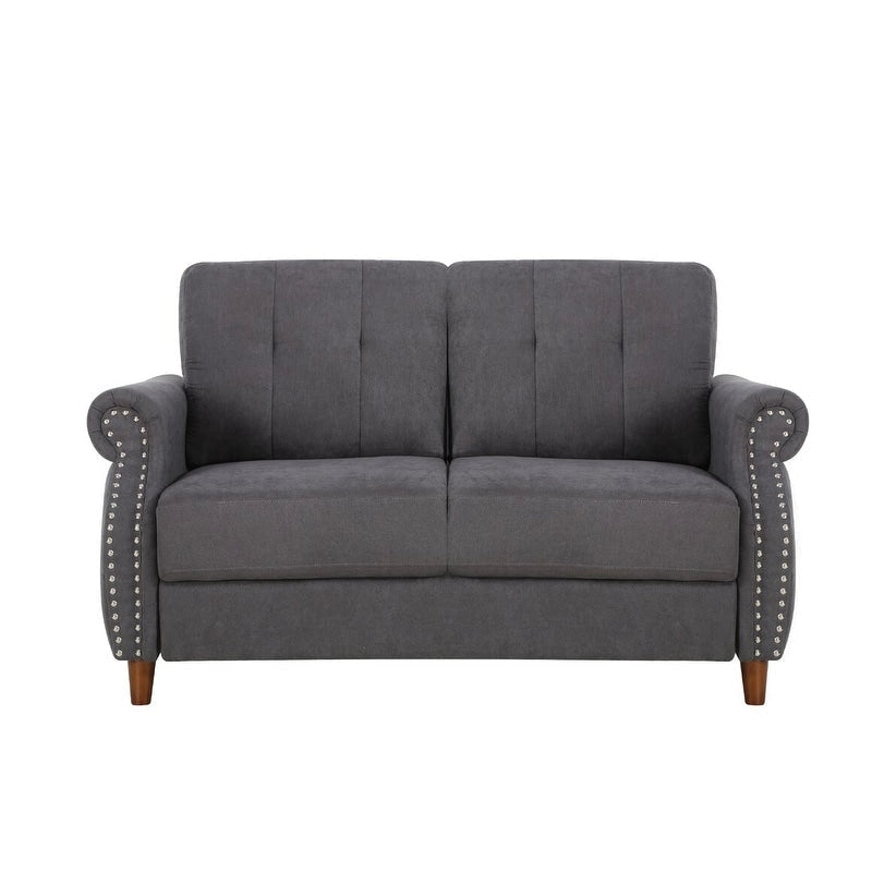 Transitional Button-Tufted Rolled Arm Two-Seat Sofa with Nail Head Trim