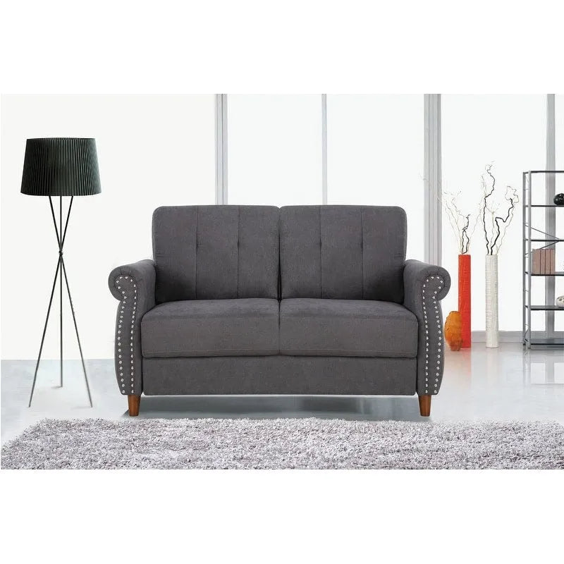 Transitional Button-Tufted Rolled Arm Two-Seat Sofa with Nail Head Trim