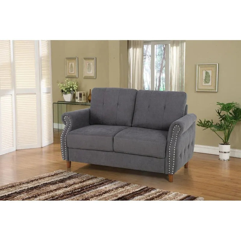 Transitional Button-Tufted Rolled Arm Two-Seat Sofa with Nail Head Trim