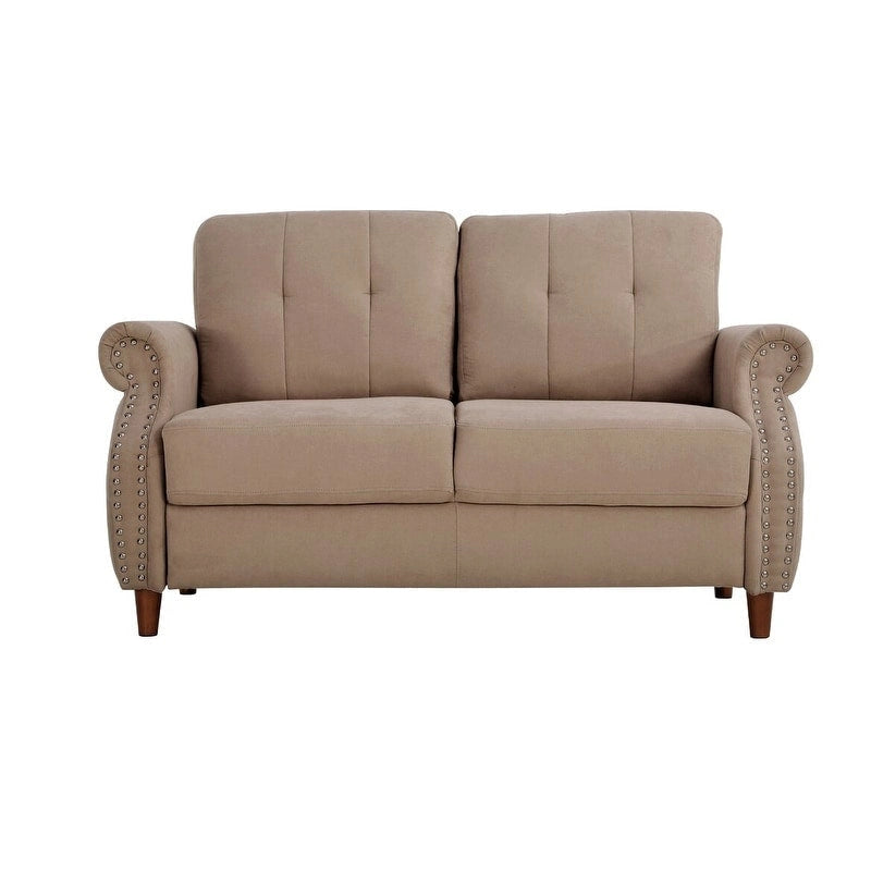 Transitional Button-Tufted Rolled Arm Two-Seat Sofa with Nail Head Trim