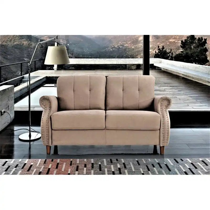Transitional Button-Tufted Rolled Arm Two-Seat Sofa with Nail Head Trim