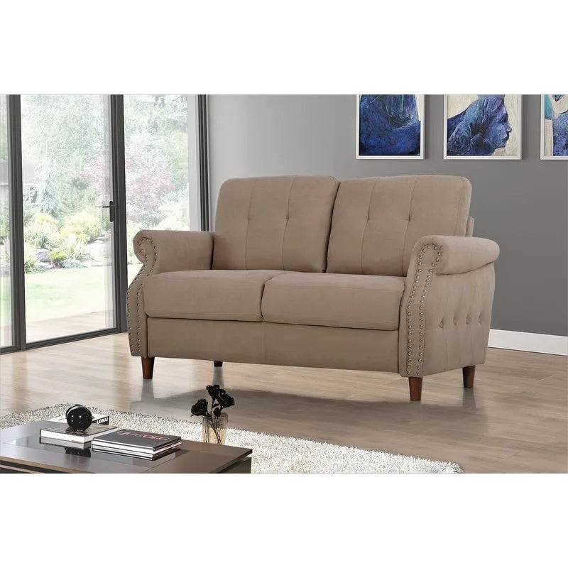 Transitional Button-Tufted Rolled Arm Two-Seat Sofa with Nail Head Trim