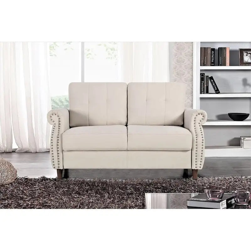 Transitional Button-Tufted Rolled Arm Two-Seat Sofa with Nail Head Trim