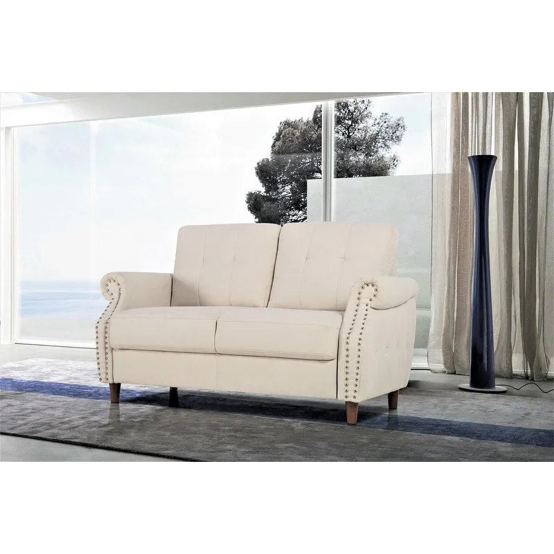 Transitional Button-Tufted Rolled Arm Two-Seat Sofa with Nail Head Trim