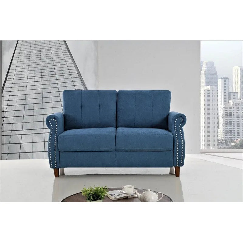 Transitional Button-Tufted Rolled Arm Two-Seat Sofa with Nail Head Trim