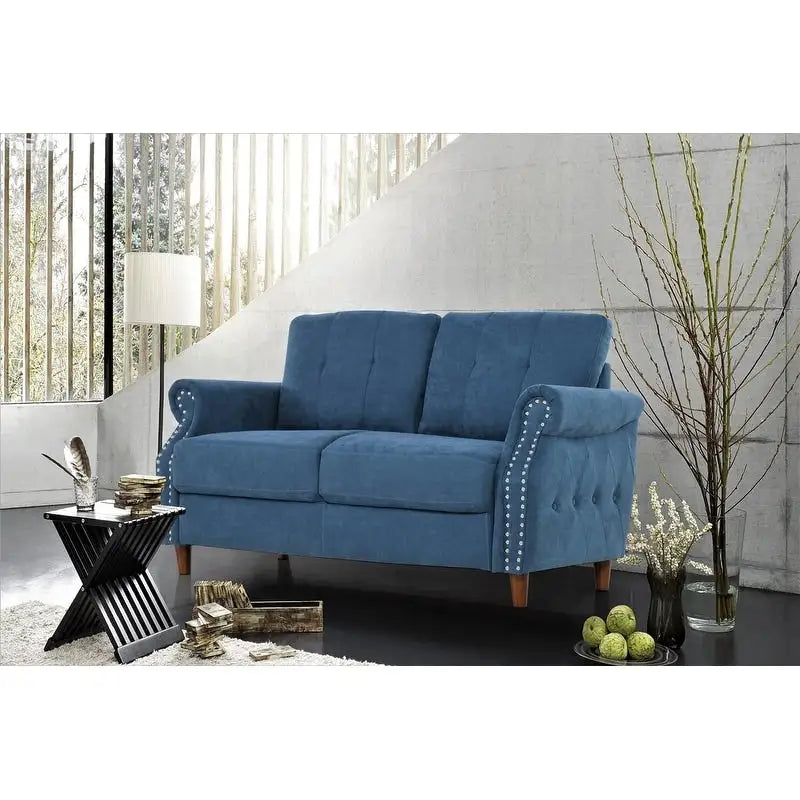 Transitional Button-Tufted Rolled Arm Two-Seat Sofa with Nail Head Trim