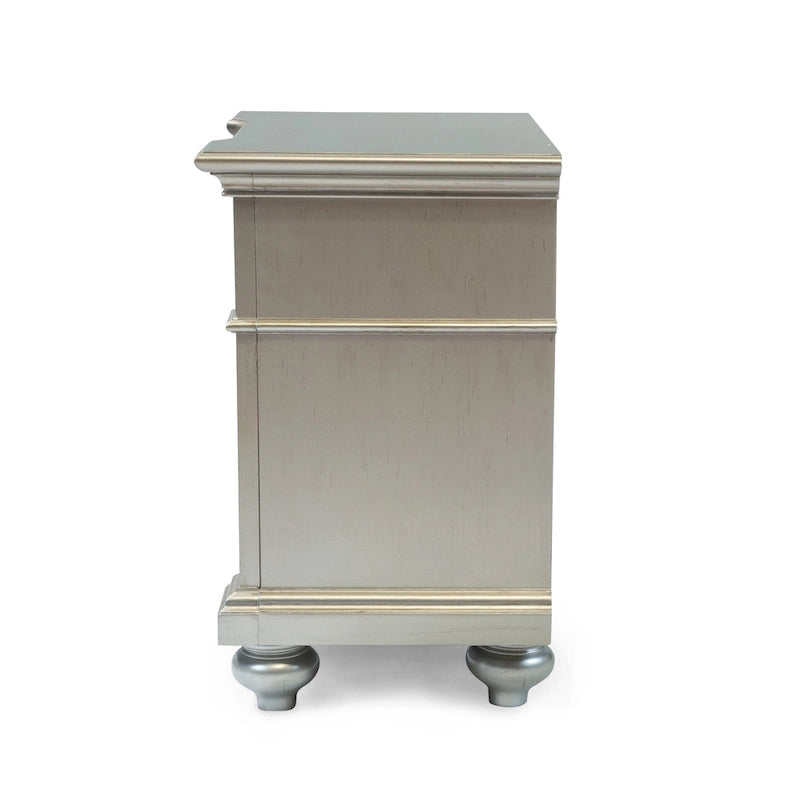 Glam Silver Wood 2-Drawer Nightstand with Mirrored Accent and Bun Feet