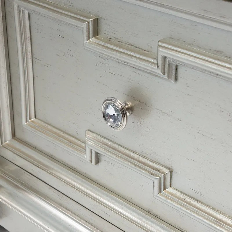 Glam Silver Wood 2-Drawer Nightstand with Mirrored Accent and Bun Feet
