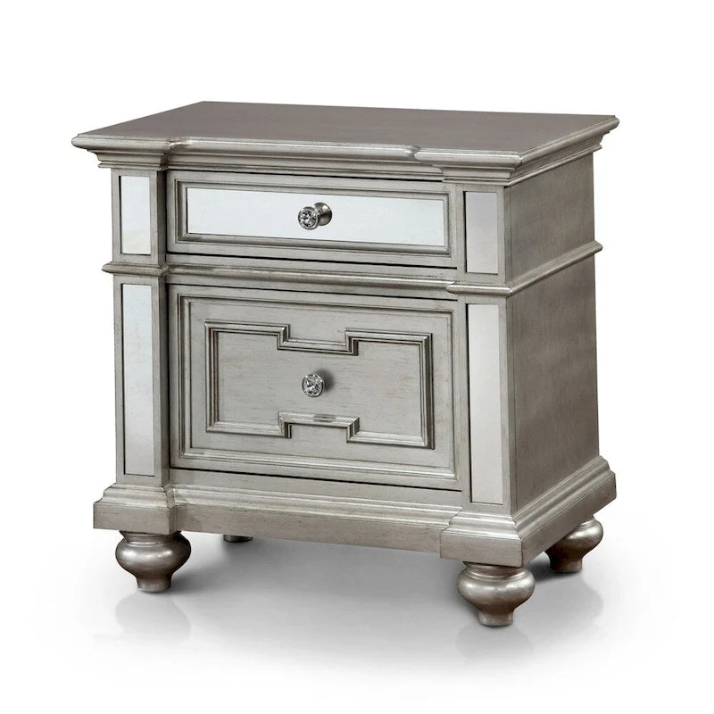 Glam Silver Wood 2-Drawer Nightstand with Mirrored Accent and Bun Feet
