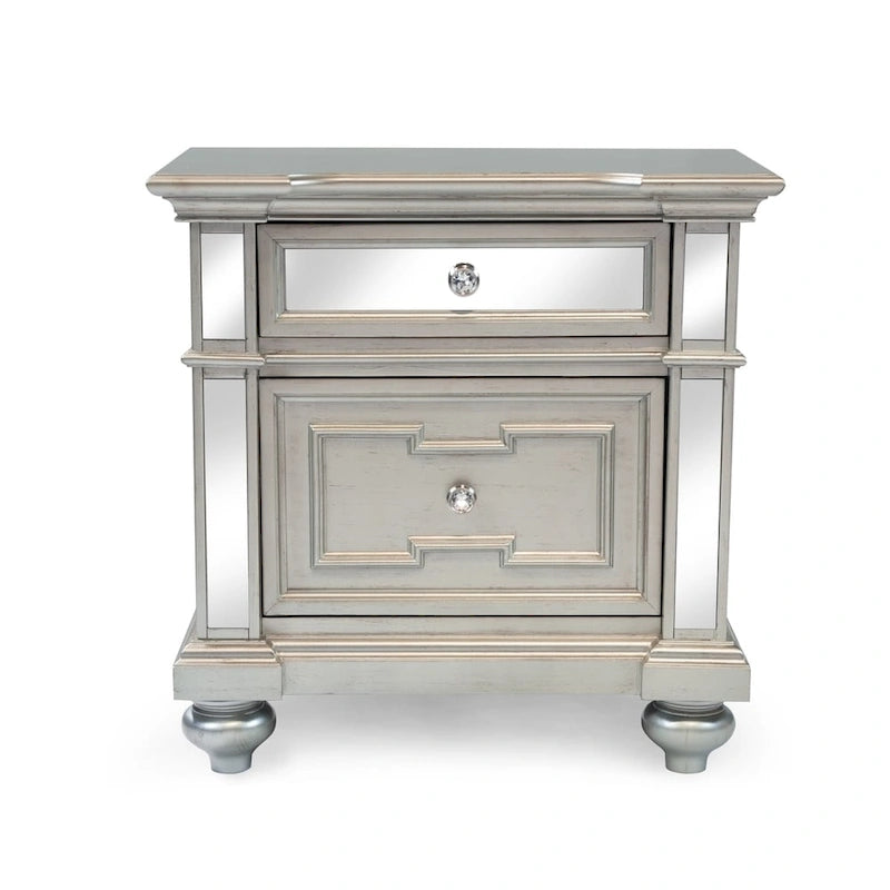 Glam Silver Wood 2-Drawer Nightstand with Mirrored Accent and Bun Feet