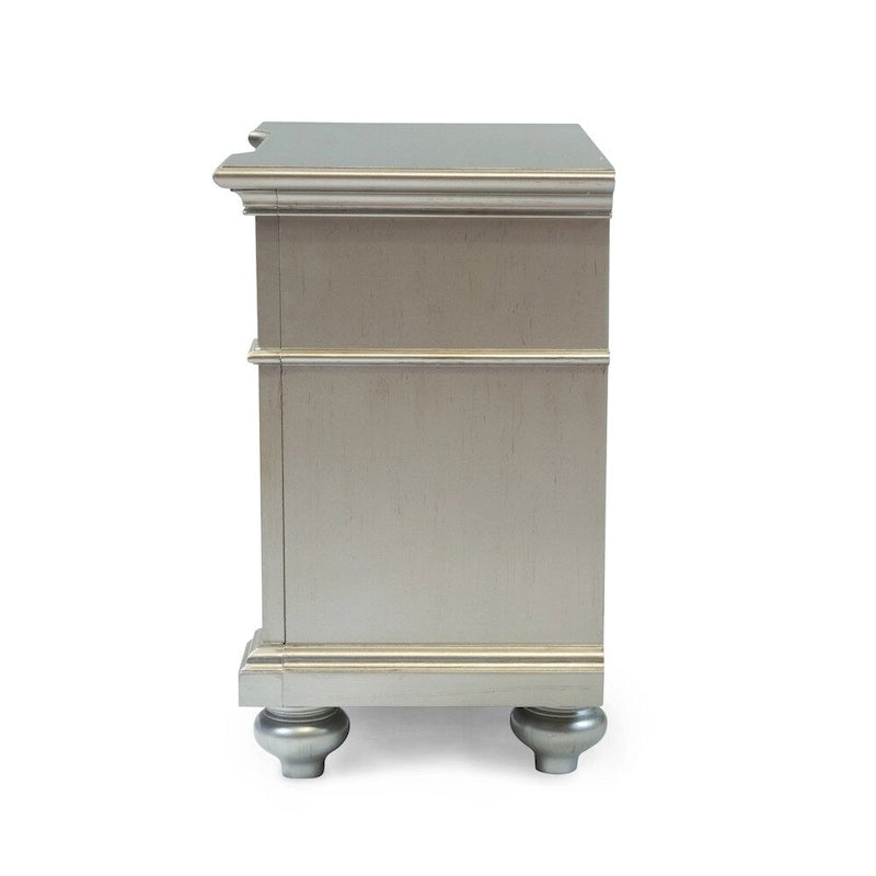 Glam Silver Wood 2-Drawer Nightstand with Mirrored Accent and Bun Feet