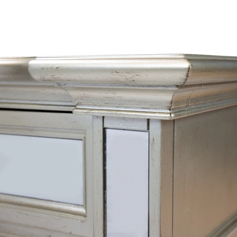 Glam Silver Wood 2-Drawer Nightstand with Mirrored Accent and Bun Feet