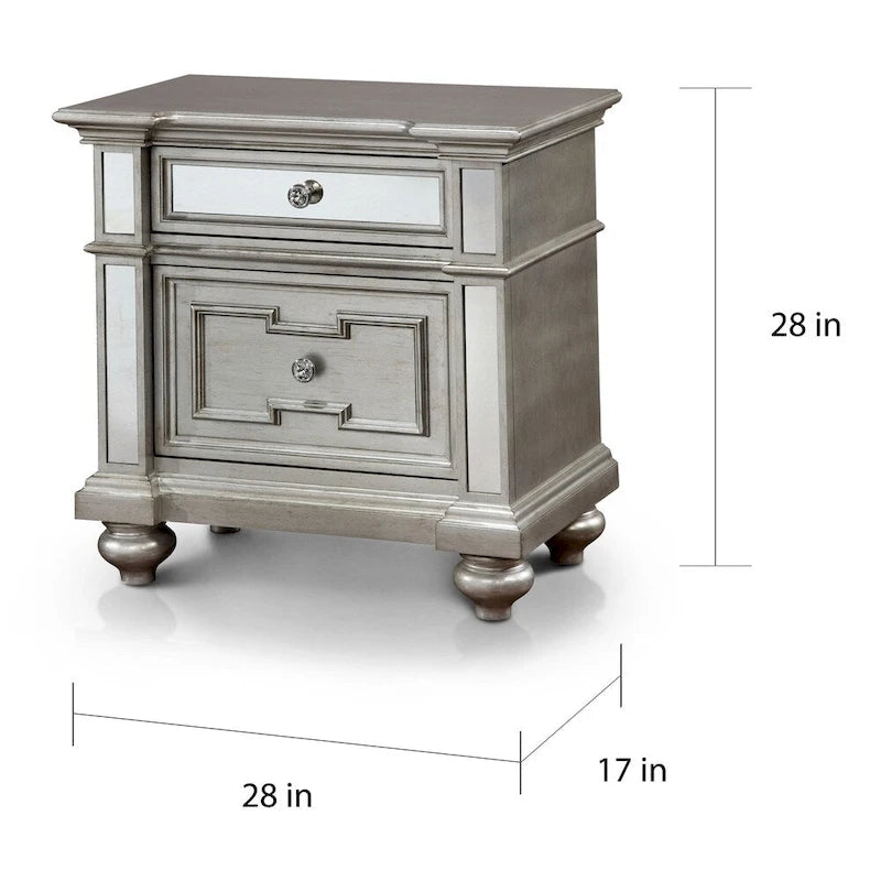 Glam Silver Wood 2-Drawer Nightstand with Mirrored Accent and Bun Feet