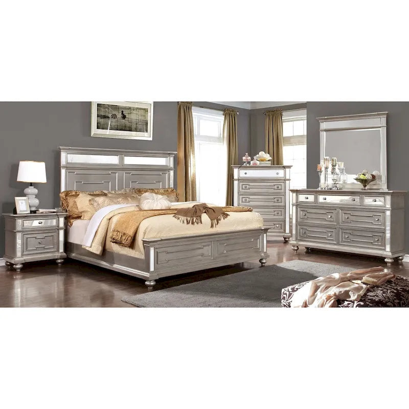 Glam Silver Wood 2-Drawer Nightstand with Mirrored Accent and Bun Feet