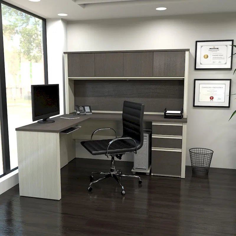 Modern L-Shaped Workstation Desk with Hutch and Storage