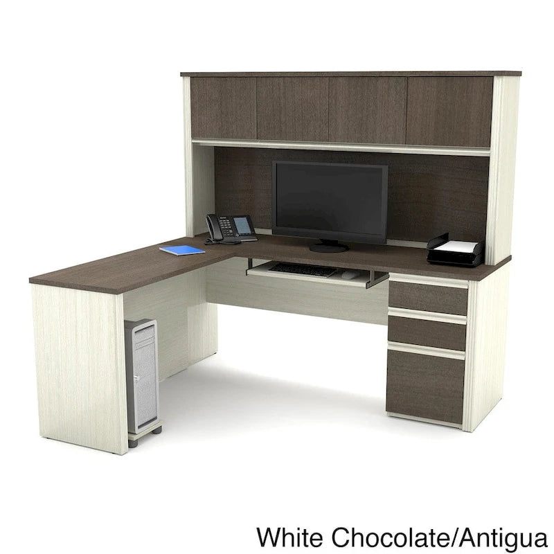 Modern L-Shaped Workstation Desk with Hutch and Storage