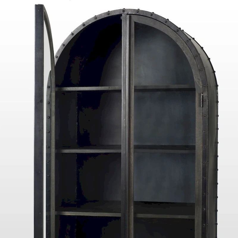 Dark Brown Solid Wood Display Cabinet with Black Iron Frame and Glass Doors