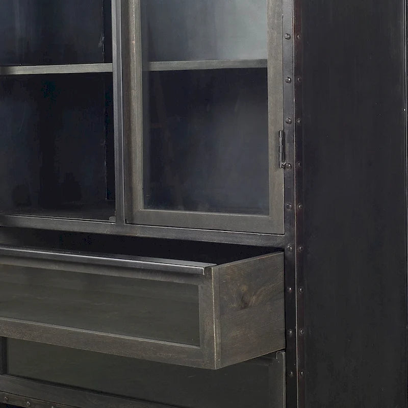 Dark Brown Solid Wood Display Cabinet with Black Iron Frame and Glass Doors