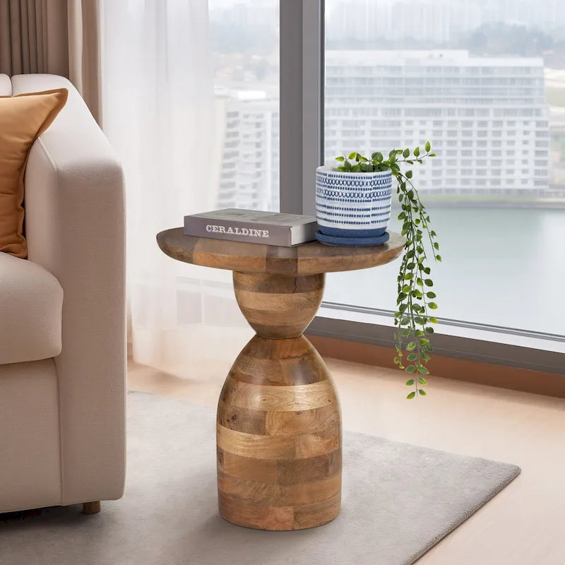 Mango Wood Hourglass Accent Side Table 16x16x19 Brown Finish
