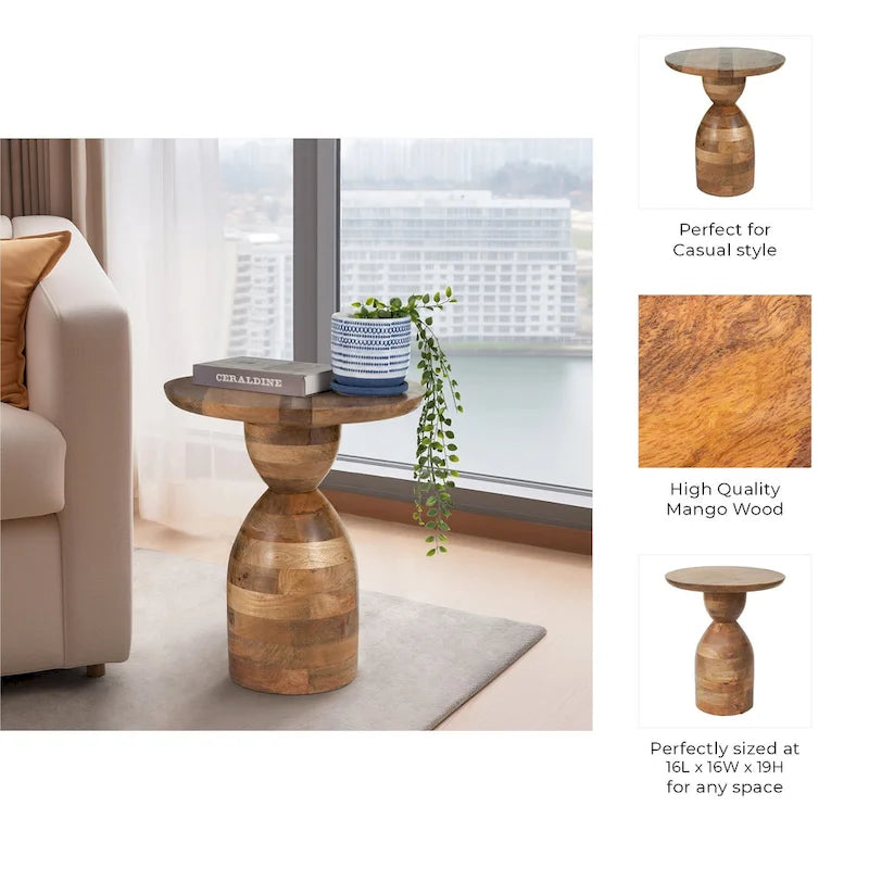 Mango Wood Hourglass Accent Side Table 16x16x19 Brown Finish