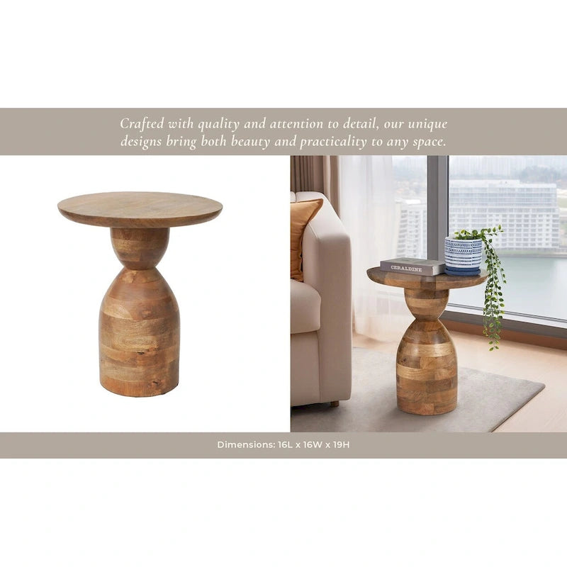 Mango Wood Hourglass Accent Side Table 16x16x19 Brown Finish