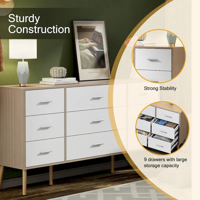 9 Drawers Chest of Dresser Storage Cabinet Retro Organizer