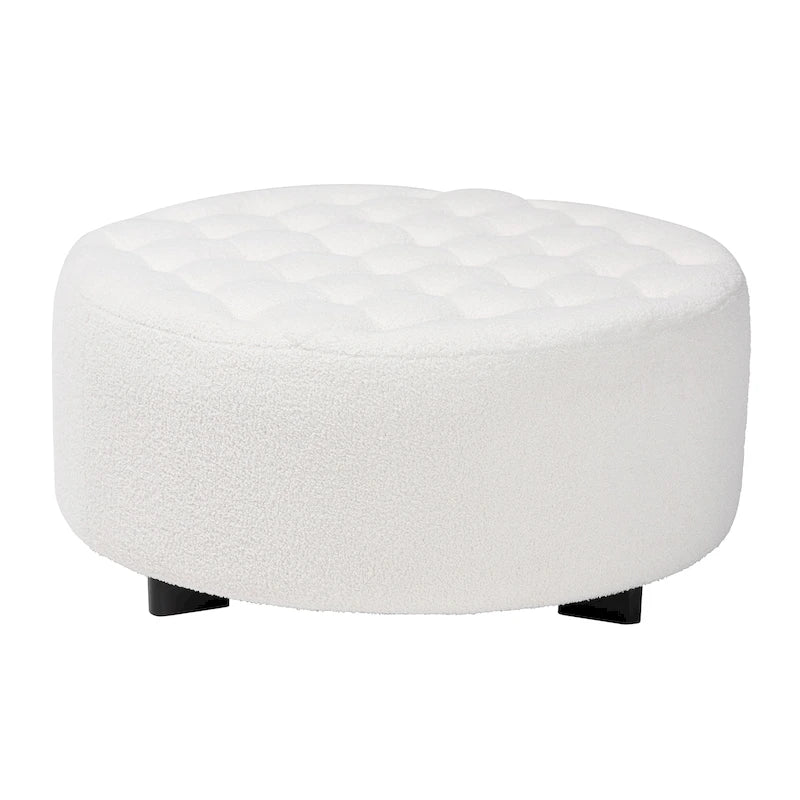 Modern Contemporary Ivory Boucle Upholstered Black Finished Wood Round Ottoman