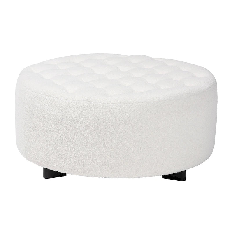 Modern Contemporary Ivory Boucle Upholstered Black Finished Wood Round Ottoman