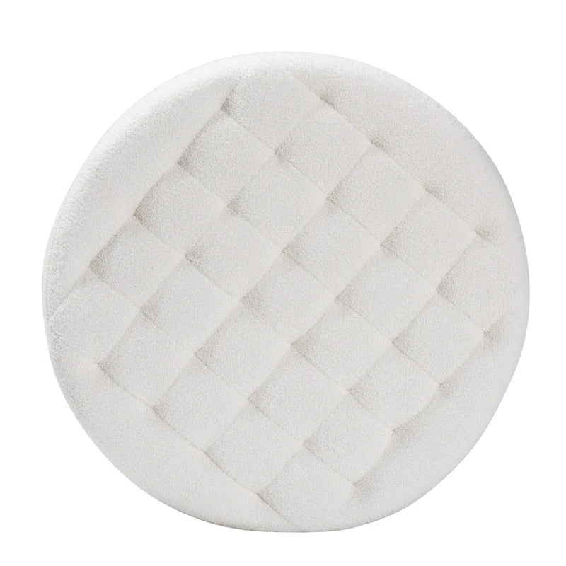 Modern Contemporary Ivory Boucle Upholstered Black Finished Wood Round Ottoman