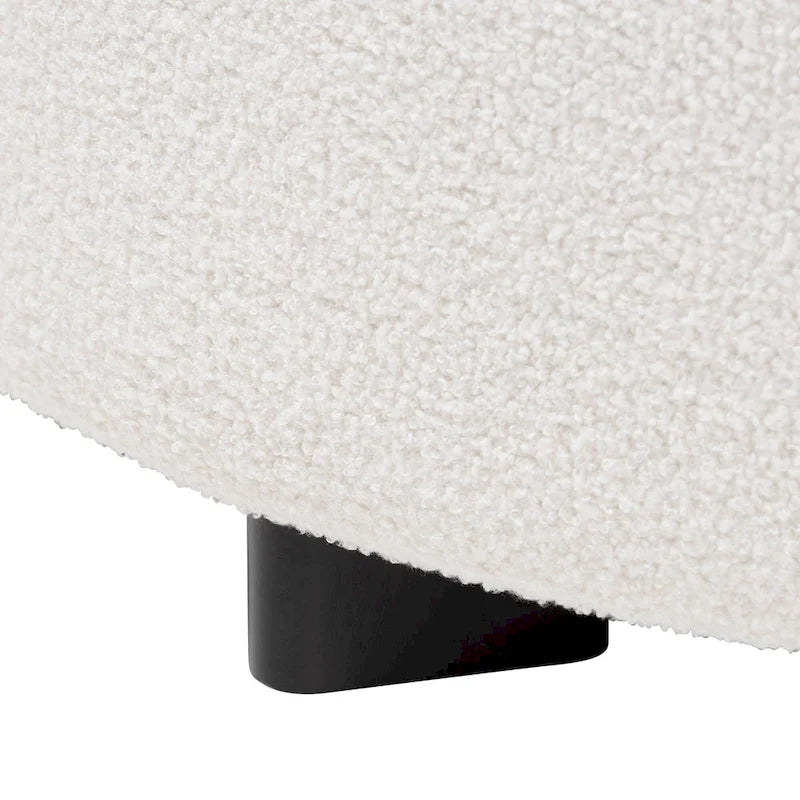 Modern Contemporary Ivory Boucle Upholstered Black Finished Wood Round Ottoman