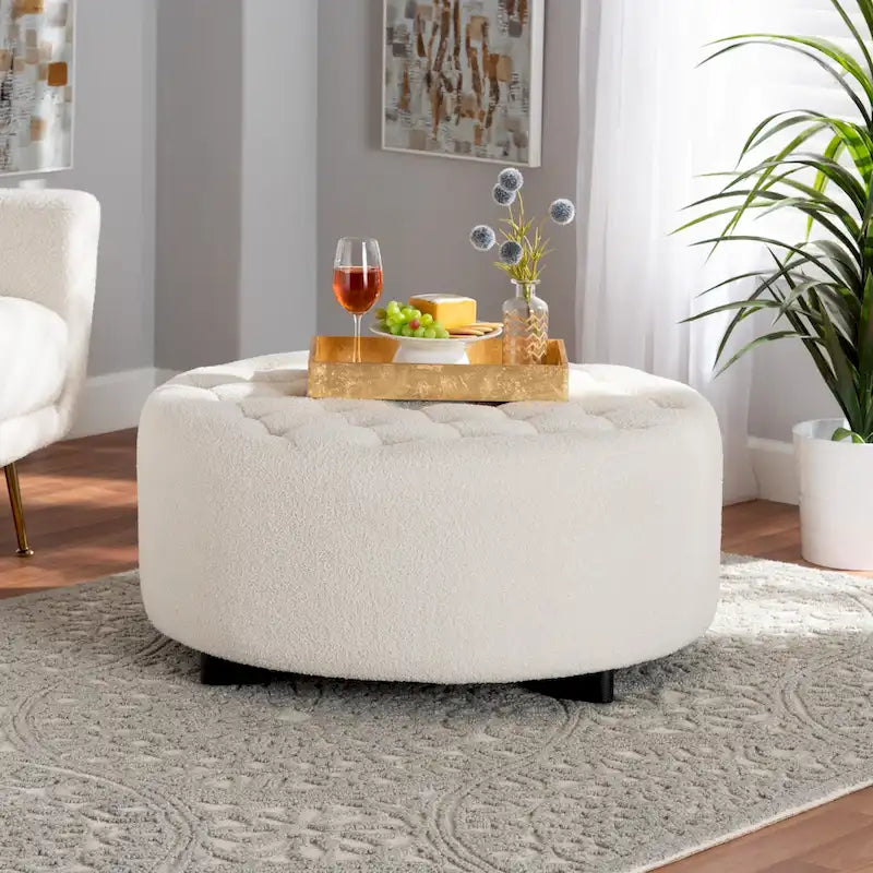 Modern Contemporary Ivory Boucle Upholstered Black Finished Wood Round Ottoman