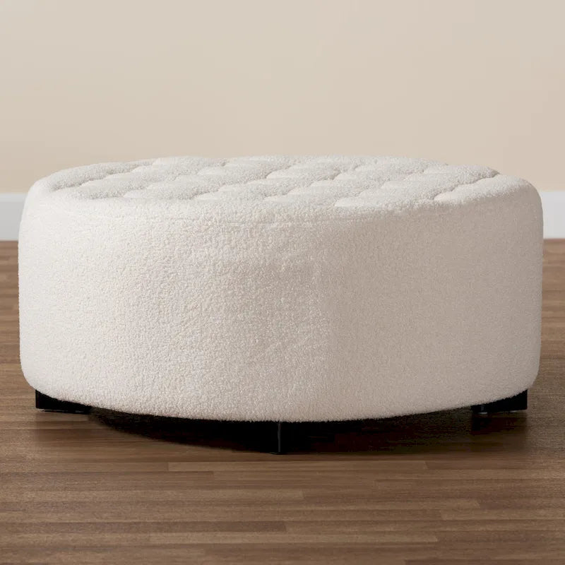 Modern Contemporary Ivory Boucle Upholstered Black Finished Wood Round Ottoman