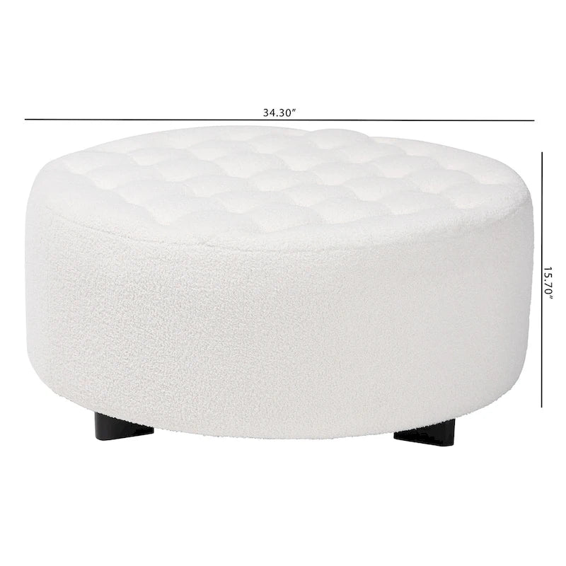 Modern Contemporary Ivory Boucle Upholstered Black Finished Wood Round Ottoman
