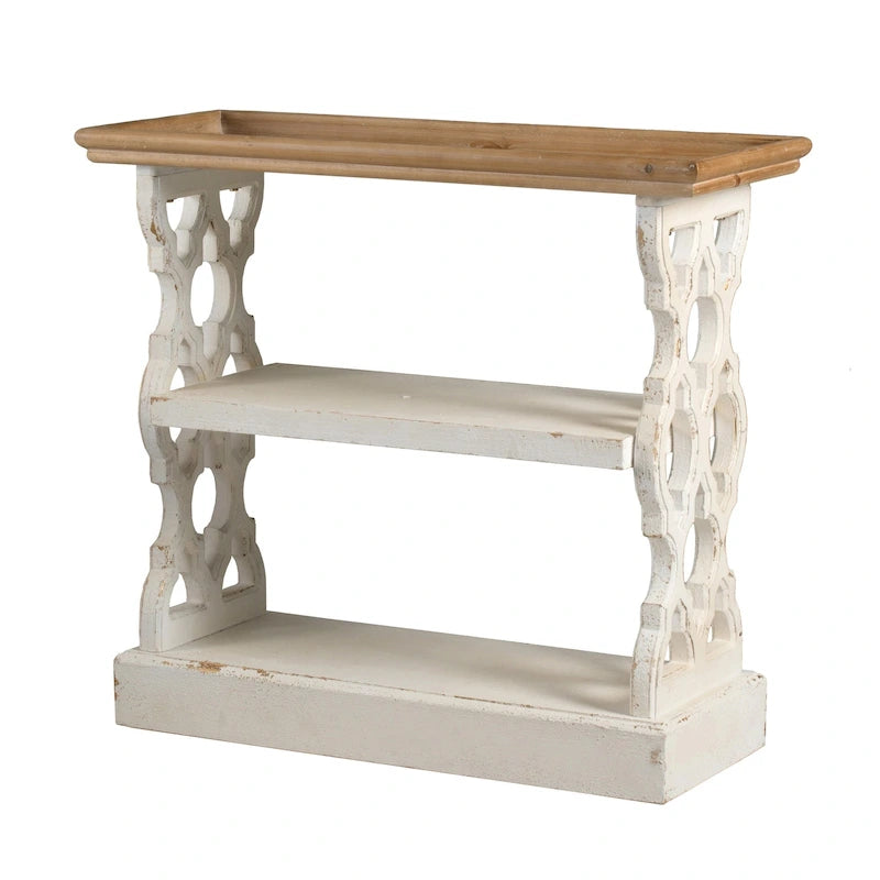 35 Inch 3-Tier Console Table, Fir Wood, Carved Panels, Brown and White