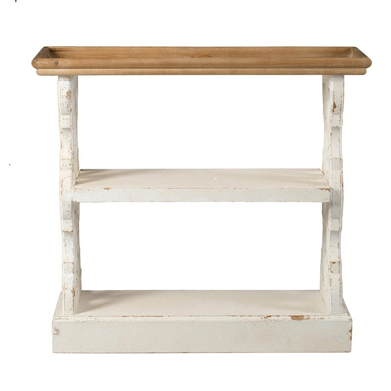 35 Inch 3-Tier Console Table, Fir Wood, Carved Panels, Brown and White