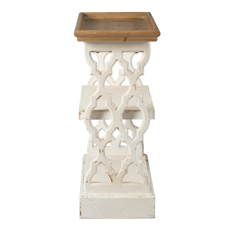35 Inch 3-Tier Console Table, Fir Wood, Carved Panels, Brown and White