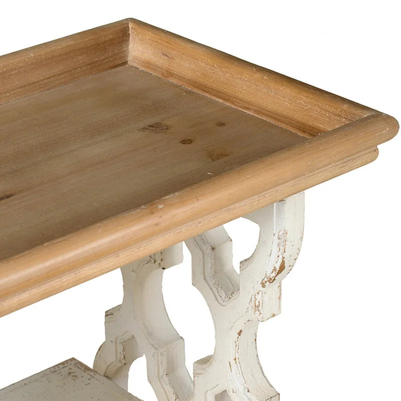 35 Inch 3-Tier Console Table, Fir Wood, Carved Panels, Brown and White