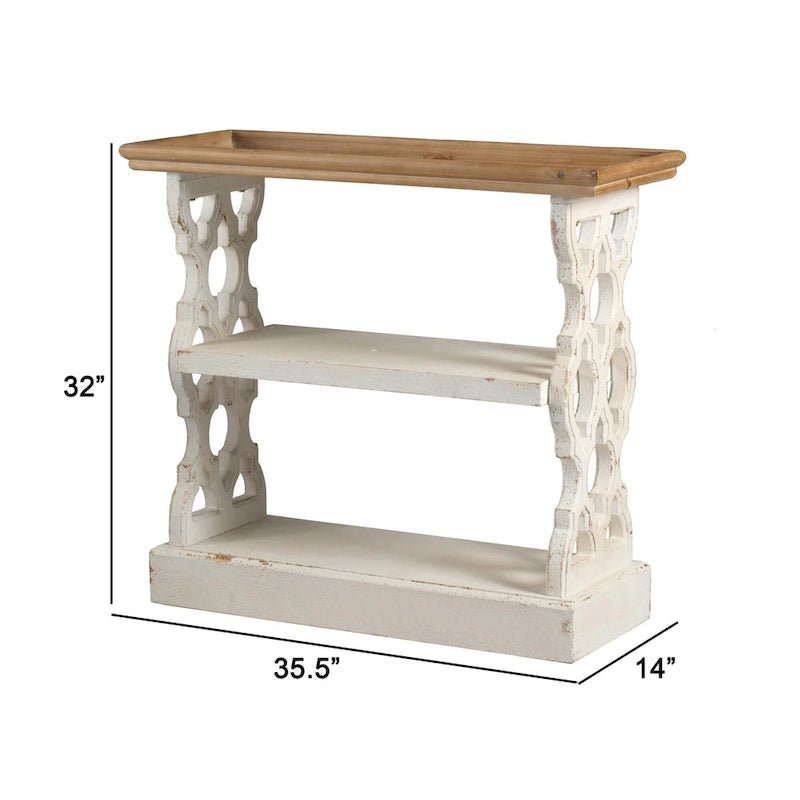 35 Inch 3-Tier Console Table, Fir Wood, Carved Panels, Brown and White