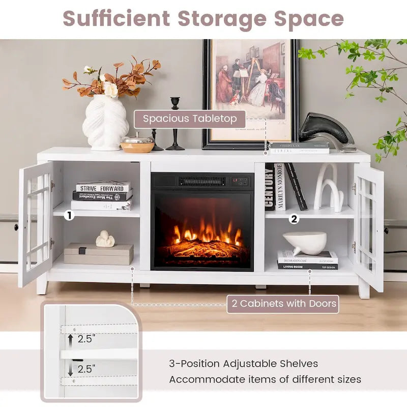 58 Inch Fireplace TV Stand with 3-Position Adjustable Shelves and 2 Cabinets with Doors