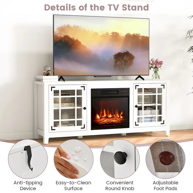58 Inch Fireplace TV Stand with 3-Position Adjustable Shelves and 2 Cabinets with Doors