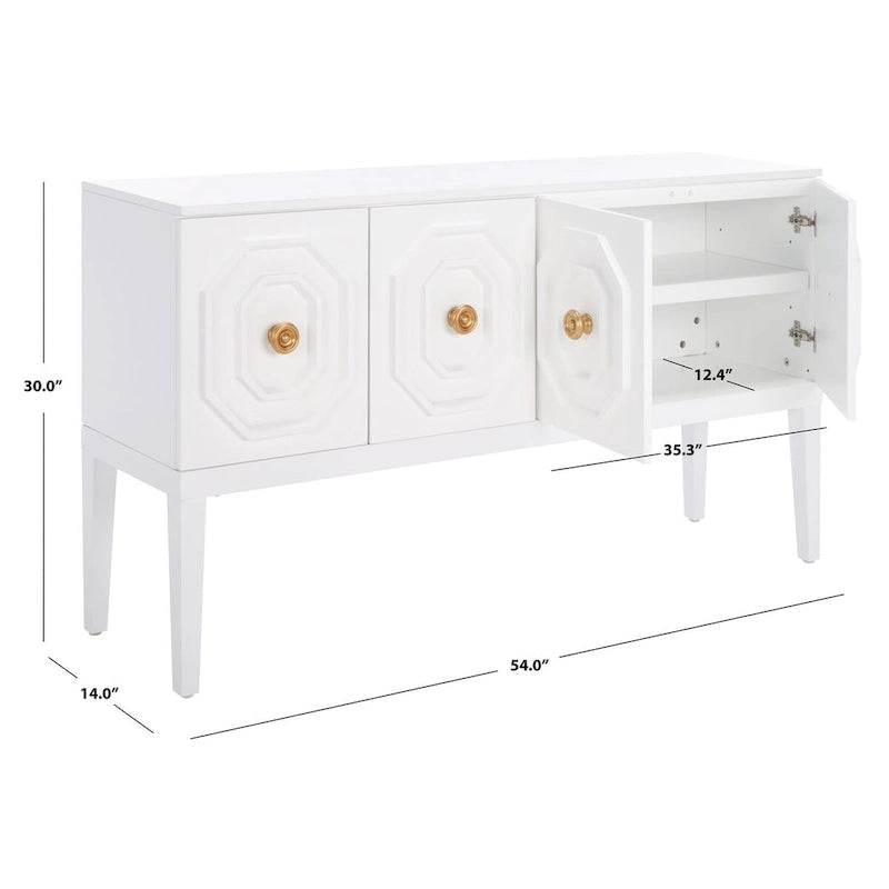3-Door 2-Shelf White Sideboard with Gold Pulls and Carved Detail