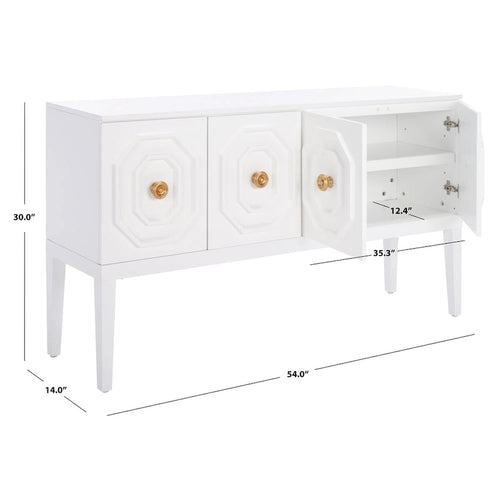 3-Door 2-Shelf White Sideboard with Gold Pulls and Carved Detail