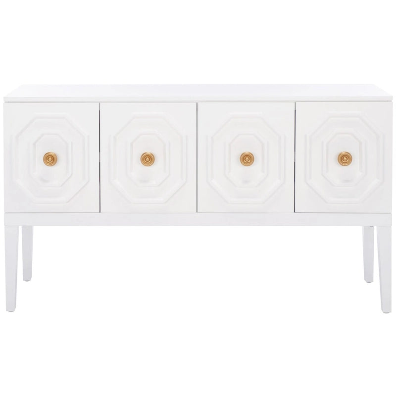 3-Door 2-Shelf White Sideboard with Gold Pulls and Carved Detail