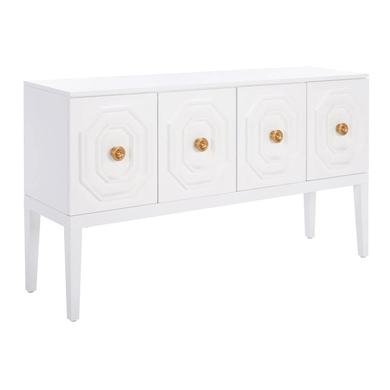 3-Door 2-Shelf White Sideboard with Gold Pulls and Carved Detail