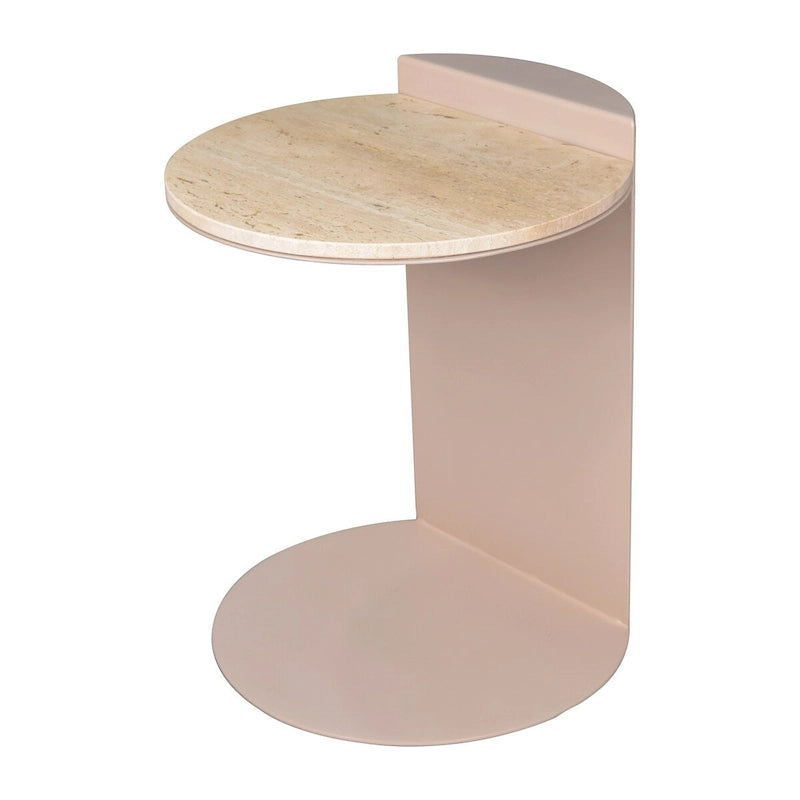 Contemporary Natural Marble Metal C-Shaped End Table, Beige/Pink Beige