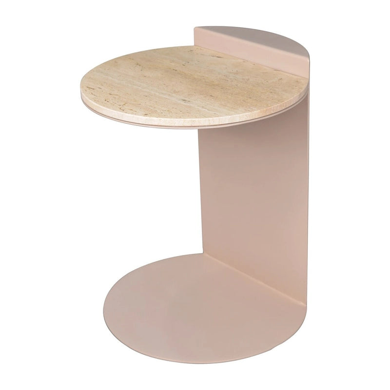 Contemporary Natural Marble Metal C-Shaped End Table, Beige/Pink Beige
